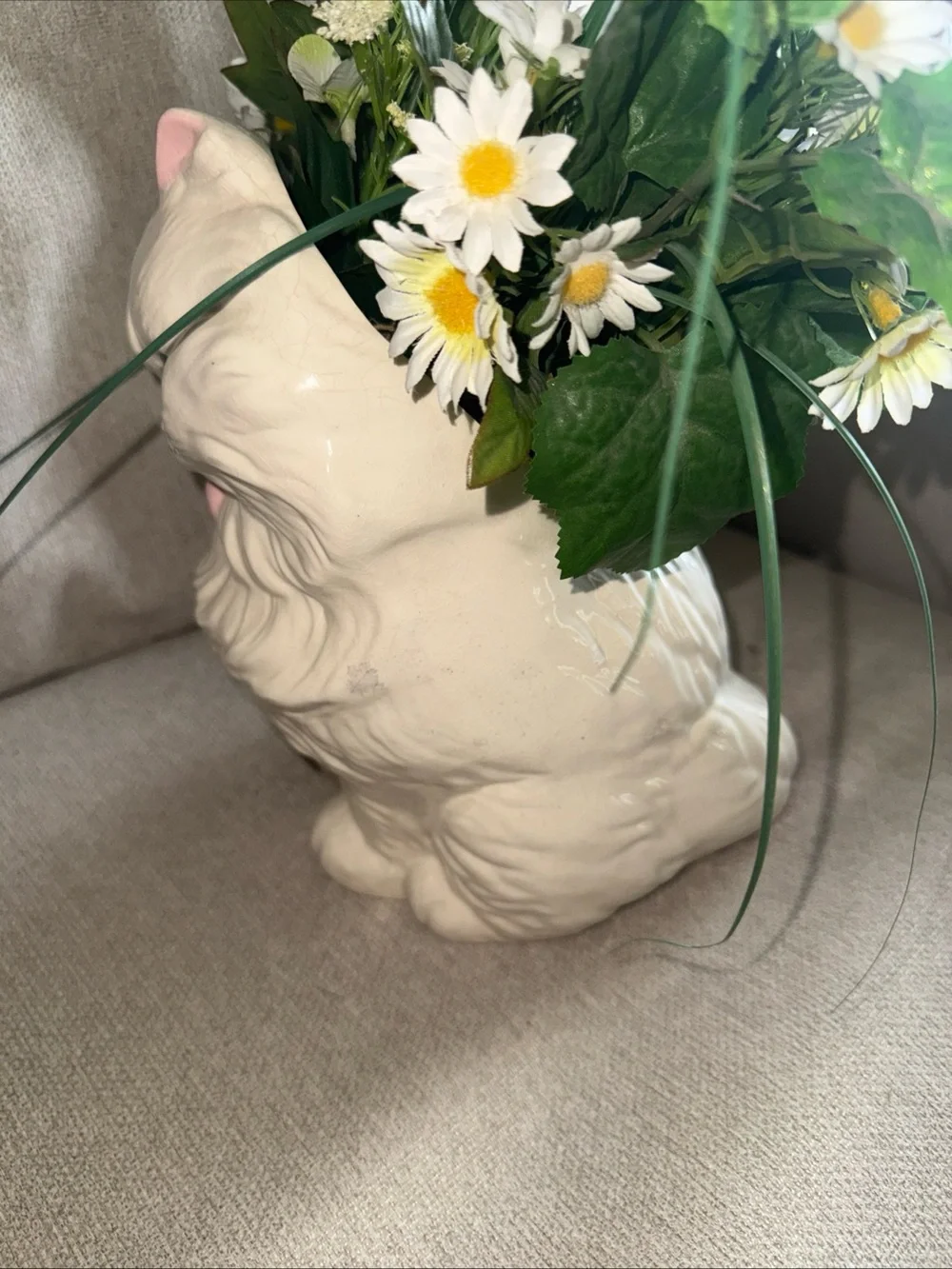 Vintage Persian Large White Ceramic Cat Sitting Statue Pink Nose 10